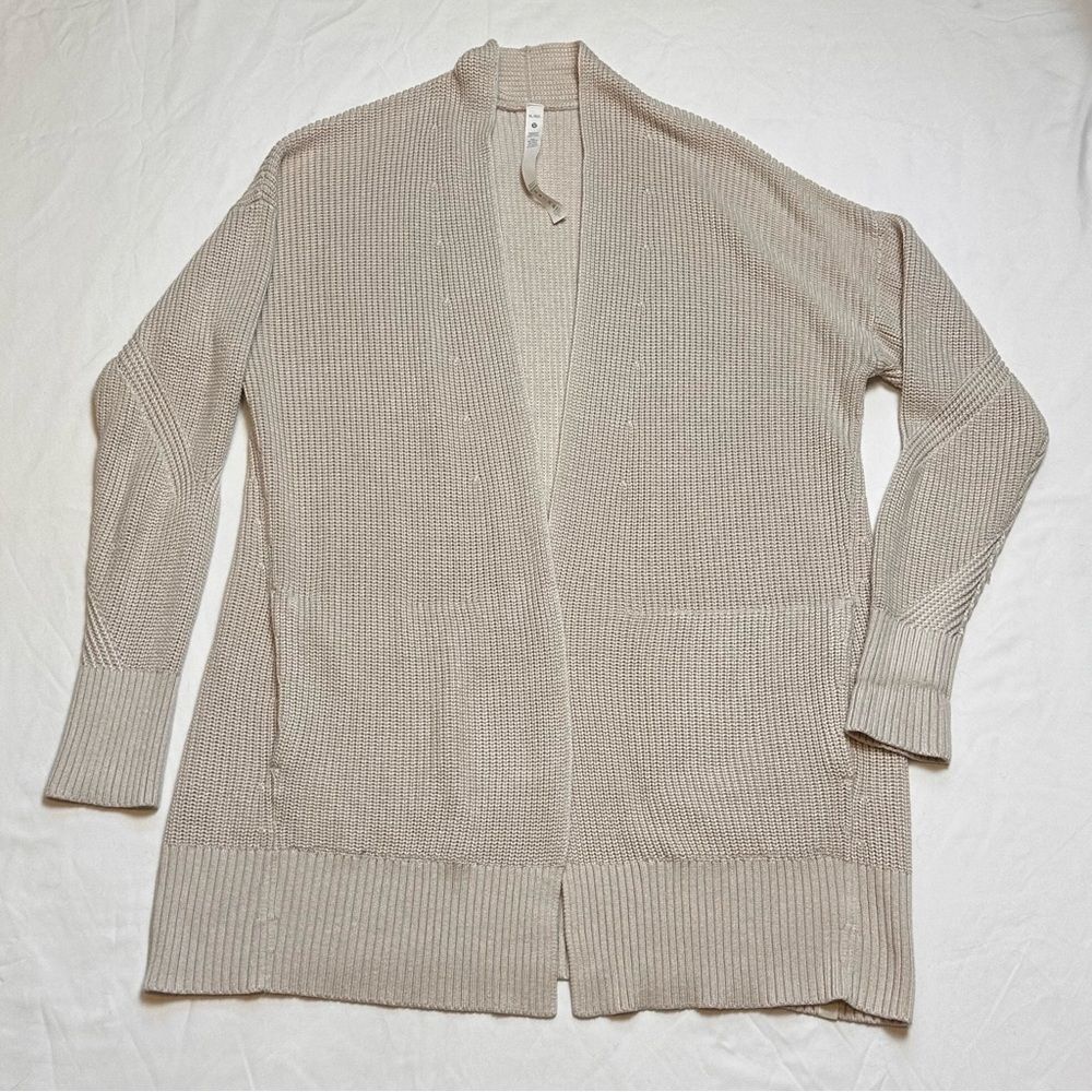 Lululemon thick rib-knit beige long open cardigan